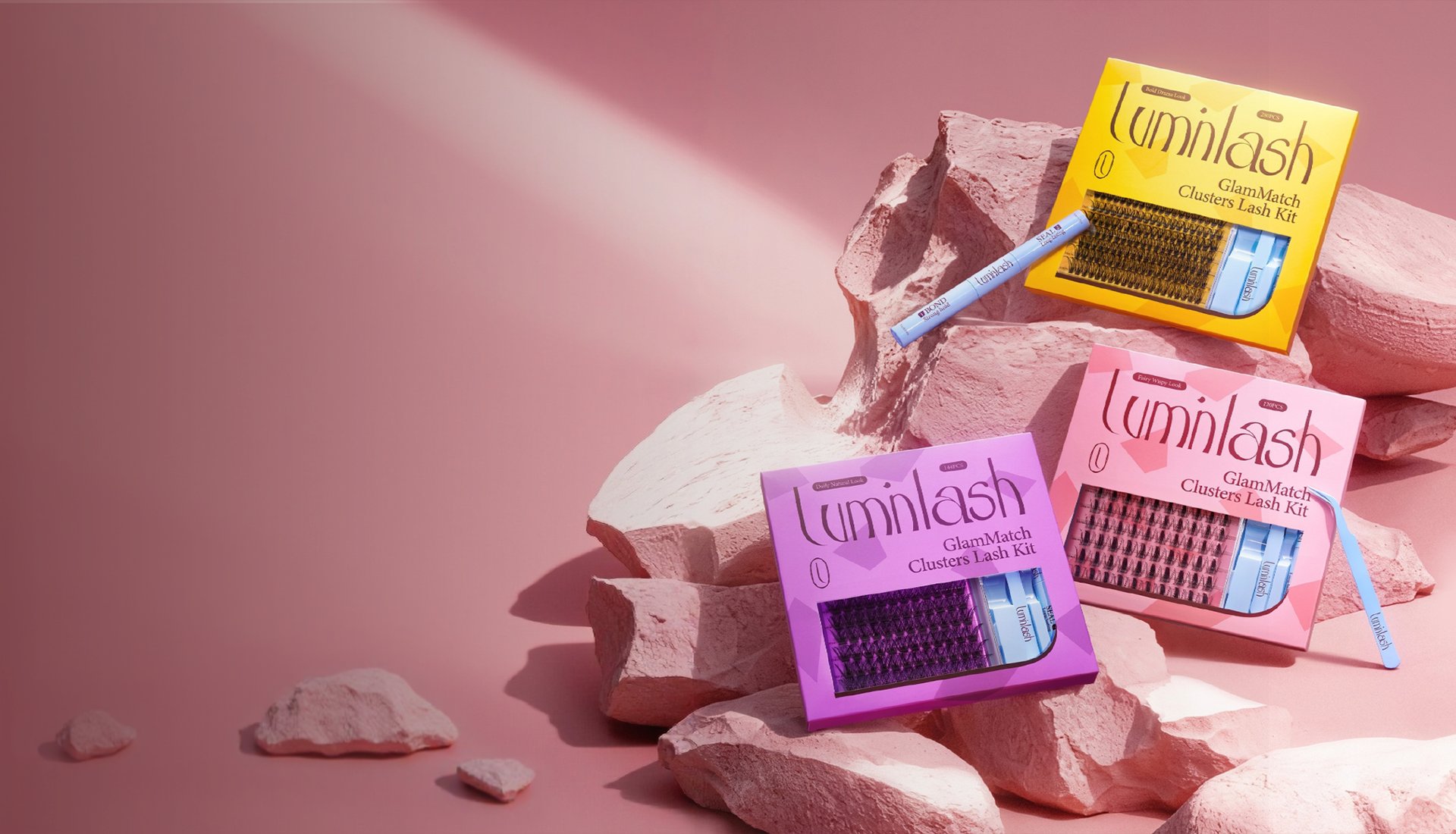 Luminlash lash products on a pink background