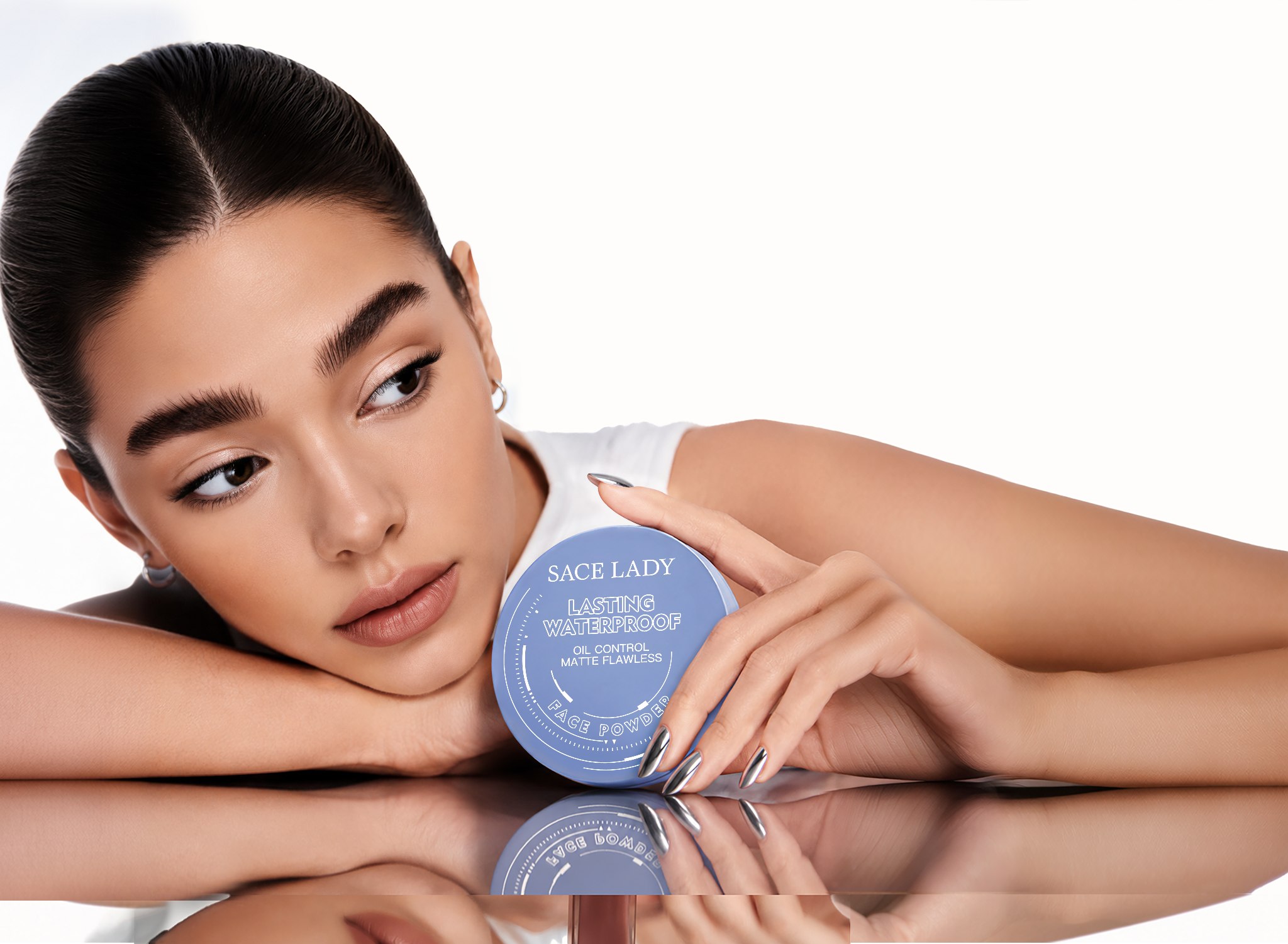 SACE LADY model with Lasting Waterproof Face Powder