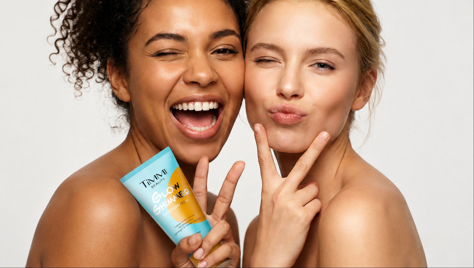 Two smiling women with a TIMMIBEAUTY product
